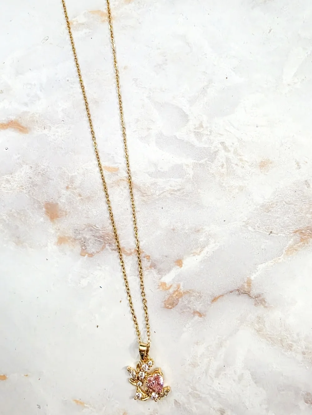 Dainty Gold Heart & Leaf Pendant Necklace Pink Crystal Jewelry